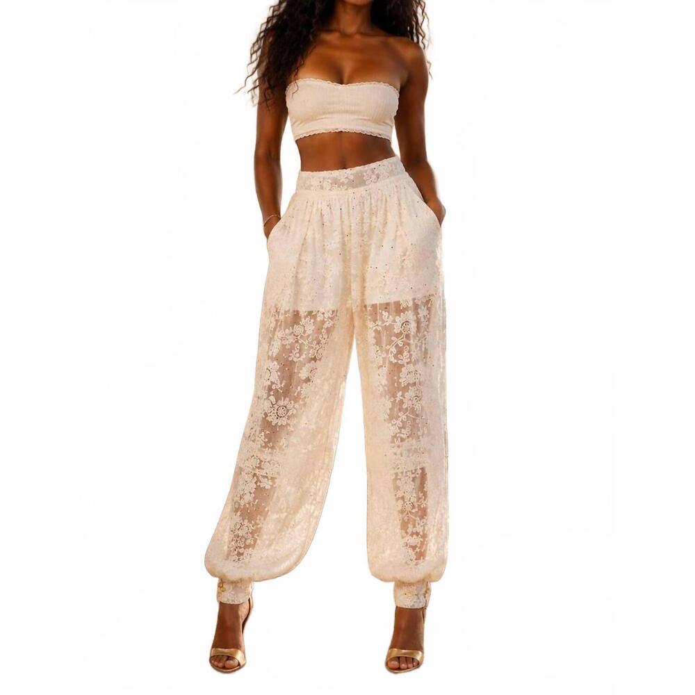 NEW SURELYMINE embroidered sheer lace boho resort pants in ivory